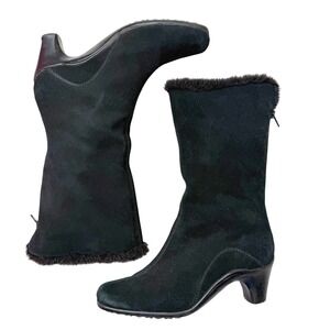 Aerosoles Black Suede Mid Calf Boots Wedge Black Faux Fur Liner Quiet Luxury 8